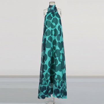 Holiday Wind Sleeveless Hanging Neck Ribbon Dress 2025 New Back Wave Dot Print Dress Women's Summer